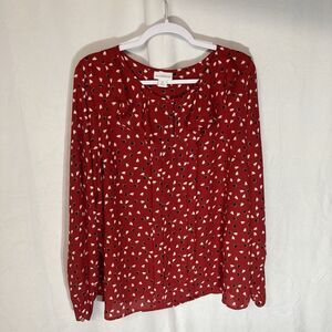 38-14 LIZ CLAIBORNE red black white hearts pleated long sleeve top XL